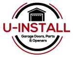 Logo for U-INSTALL Garage Doors, Parts & Openers featuring a black garage icon inside a red and black circular frame.