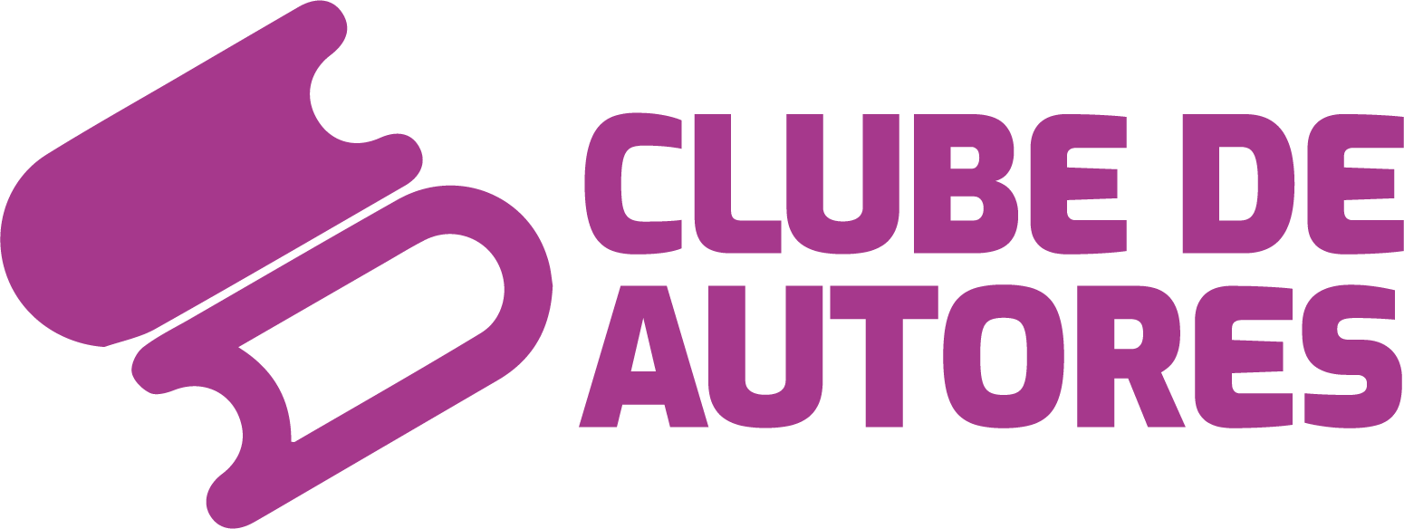 O logotipo do clube de autores é roxo e branco.