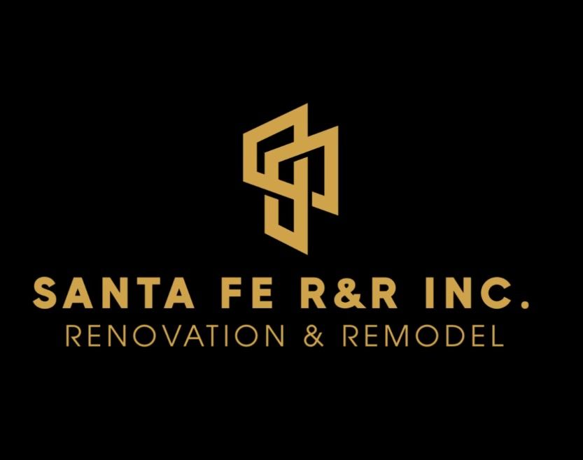 Logo for Santa Fe R&R Inc. featuring geometric gold design on black background, text below reads "Renovation & Remodel".