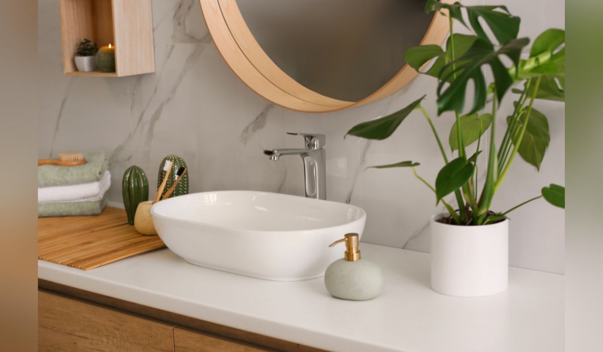 Modern bathroom sink installation with wood vanity and round mirror – bathroom remodeling project in Santa Fe, NM