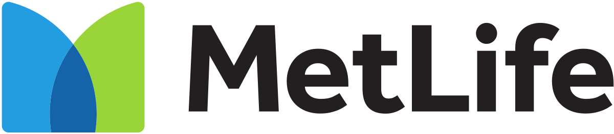 A metlife logo with a blue and green m on a white background.