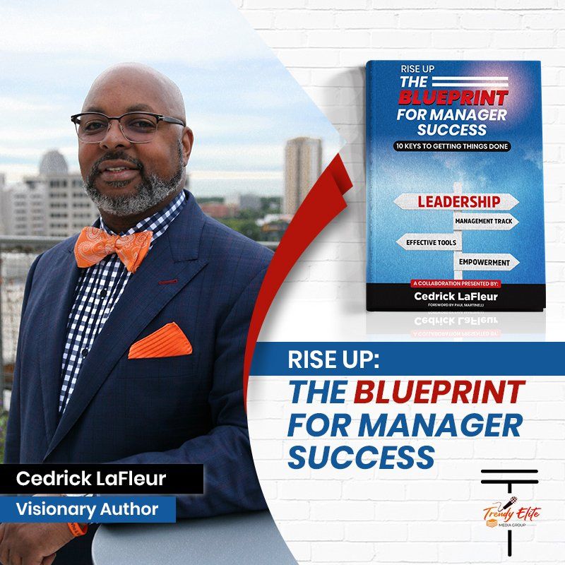 A man in a suit and bow tie is standing next to a book titled the blueprint for manager success