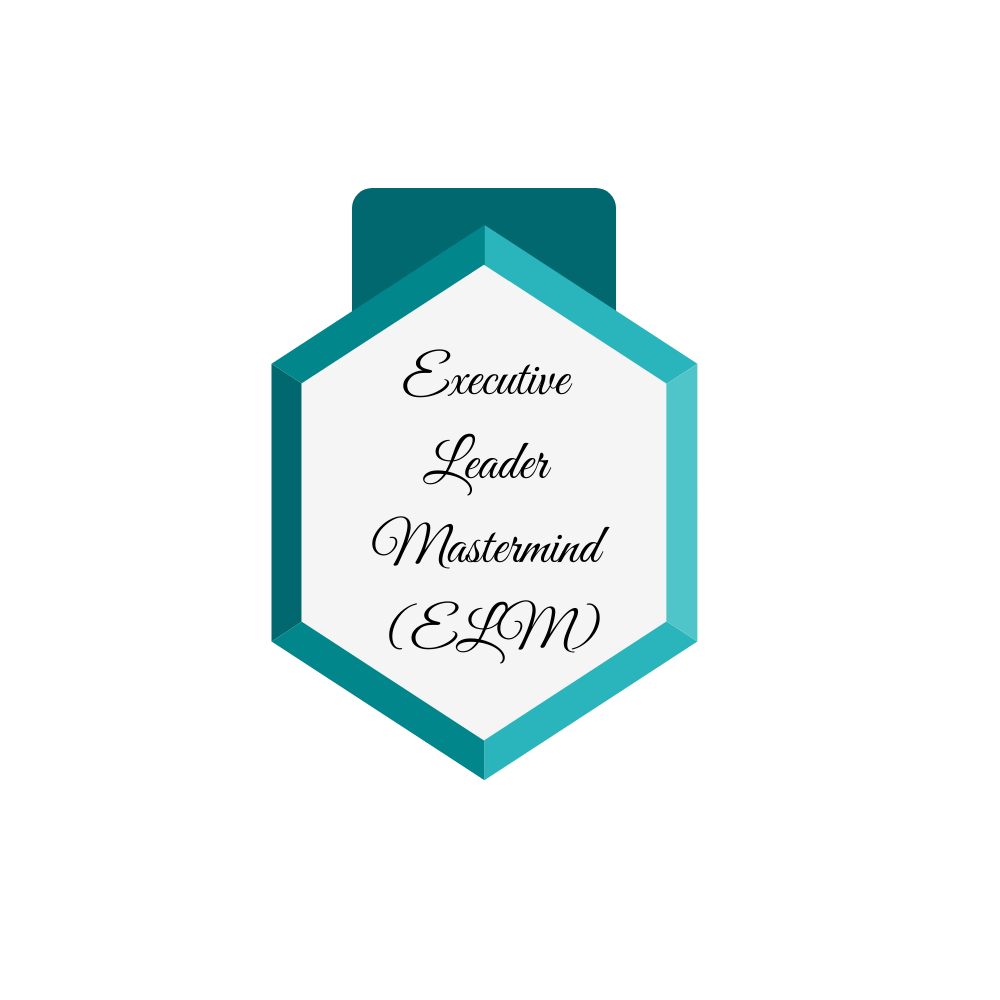 A blue hexagon with the words `` executive leader mastermind elm '' written on it.