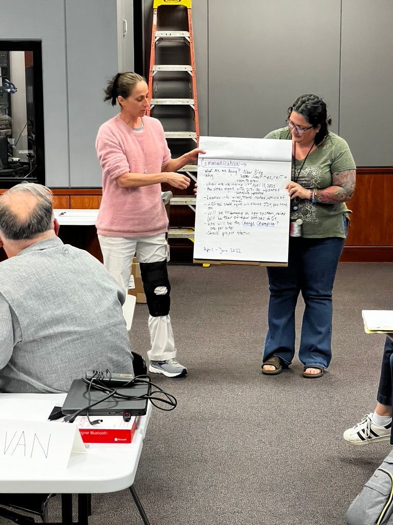 Two women are standing in front of a group of people holding a white board.