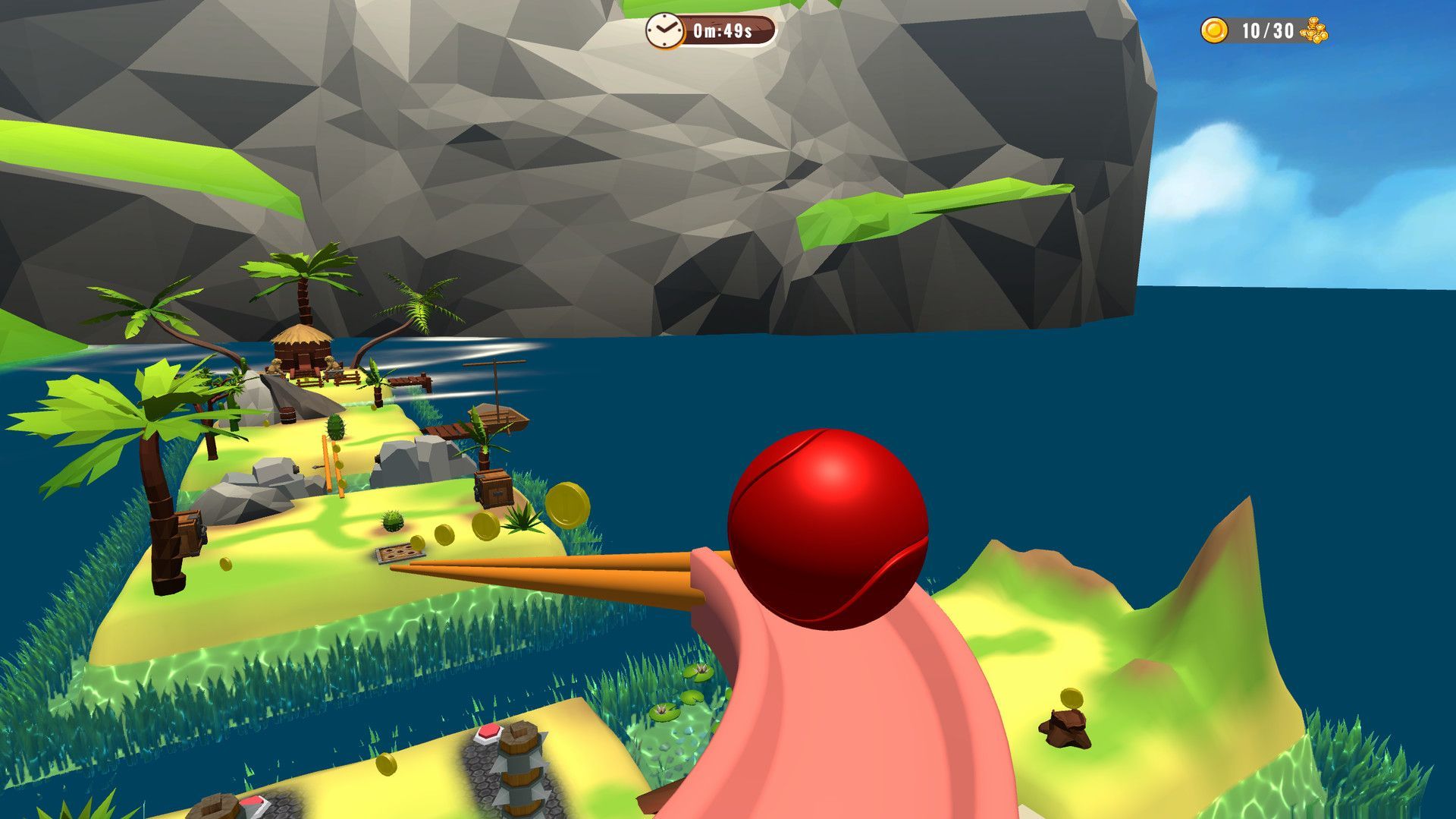 A video game is being played on a small island in the ocean.