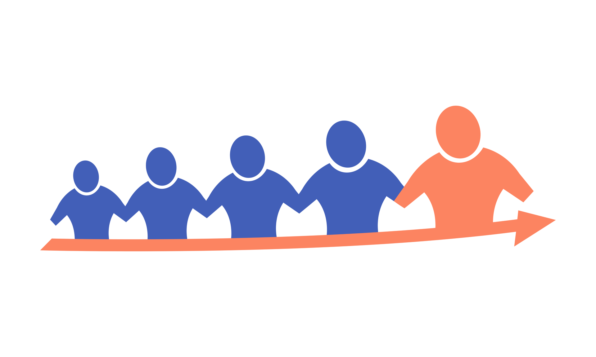 Blue figures holding hands move to the right, led by an orange figure with an arrow.
