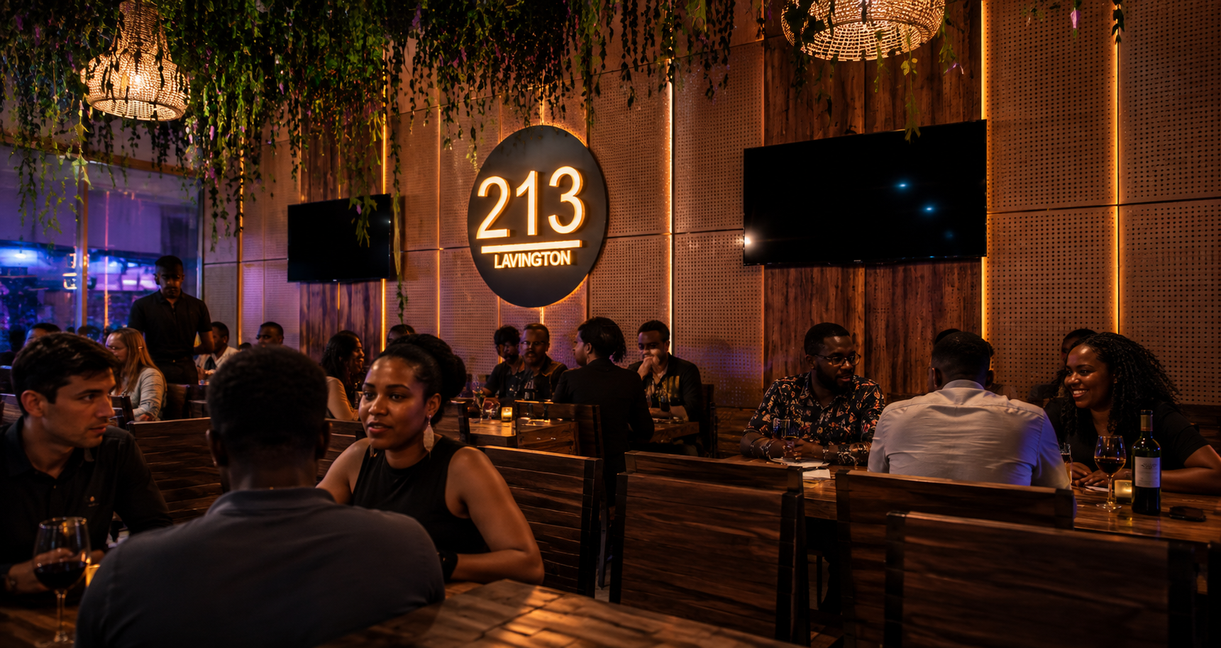 Dim bar interior with patrons seated at tables under warm lights and a glowing “213” sign.
