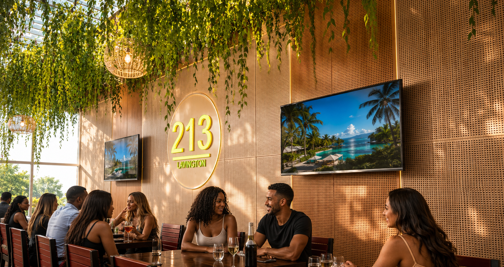 Dining area with hanging greenery, diners seated at tables, and a wall sign reading “213” between two TVs