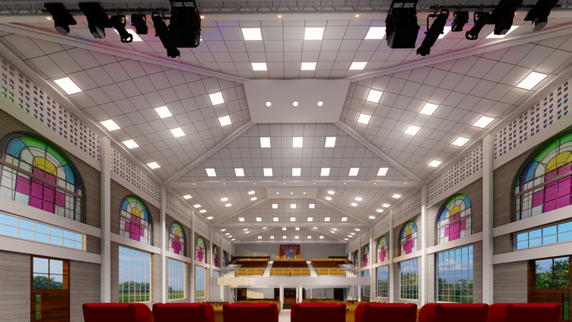 Empty church interior with rows of red seats, bright ceiling lights, and colorful stained-glass windows