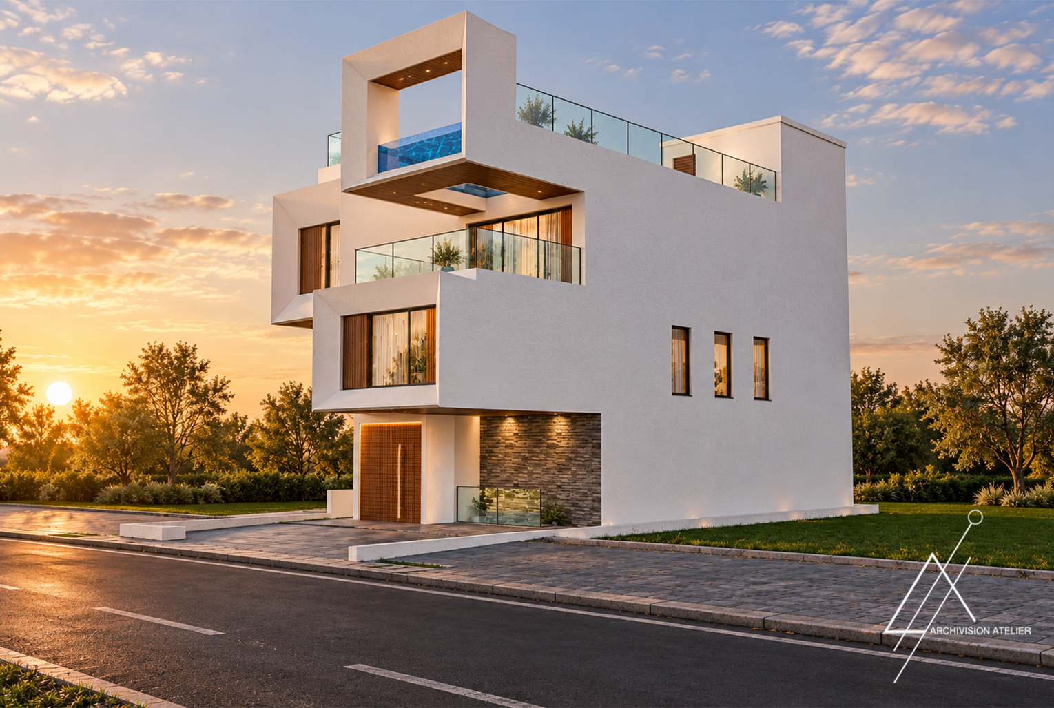 Modern white multi-story house at sunset with balconies and large windows beside a road.