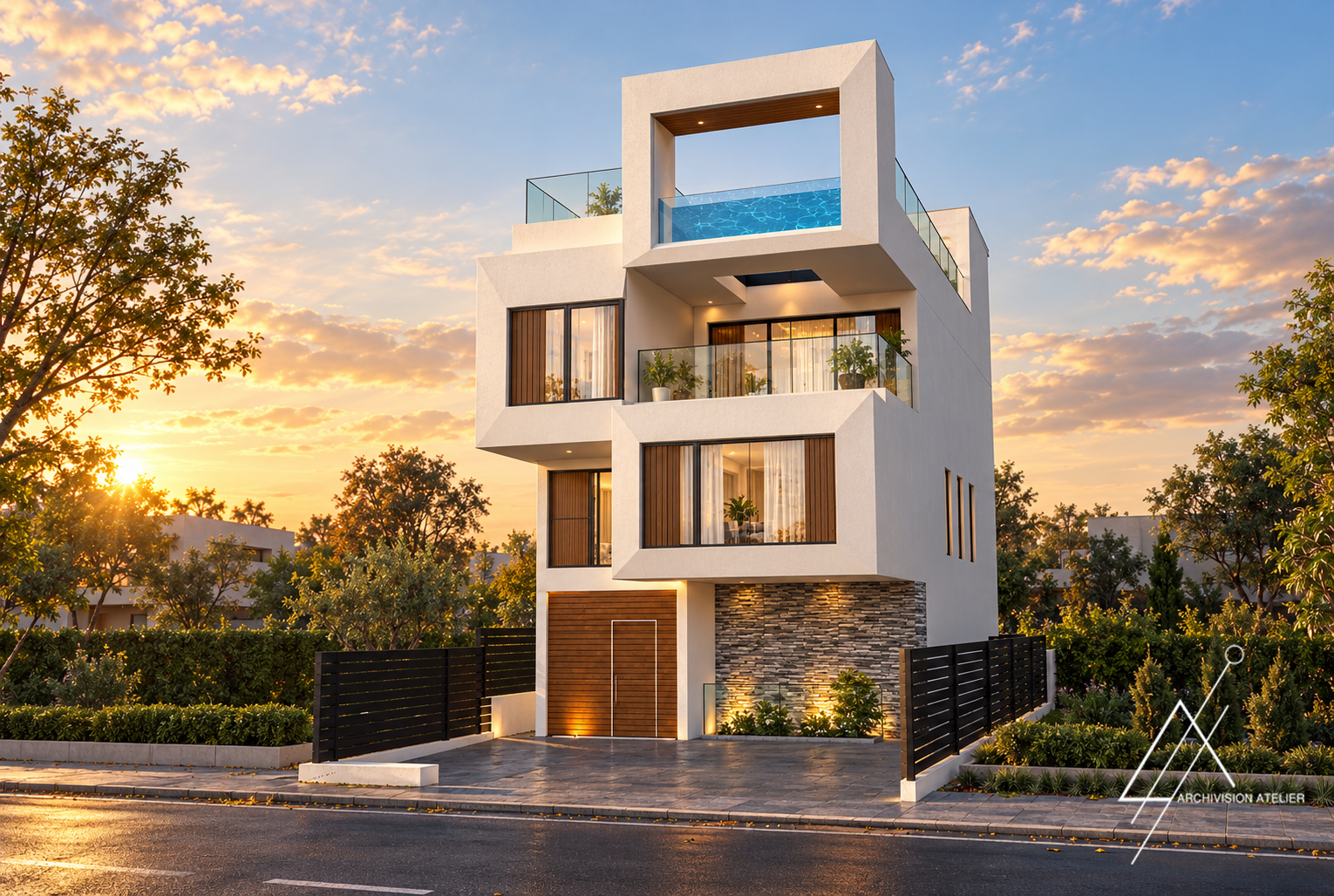 Modern white multi-story house with large windows at sunset, framed by trees and a landscaped street.