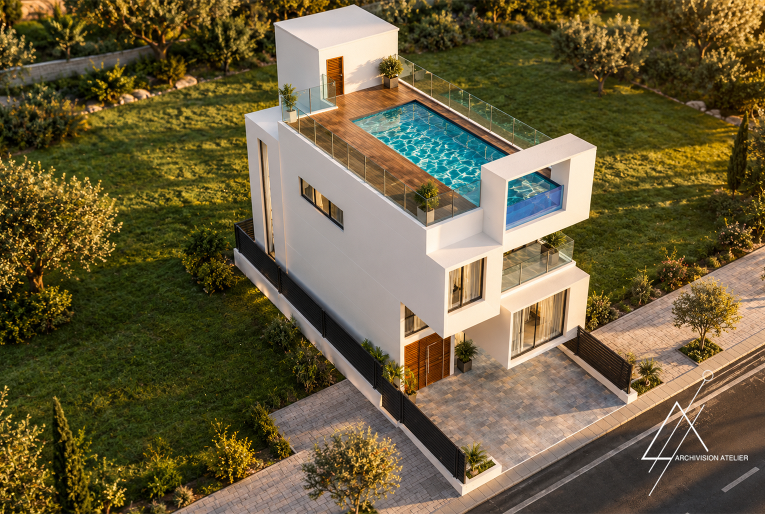 Modern white rooftop house with a narrow pool on the terrace, surrounded by green lawn.