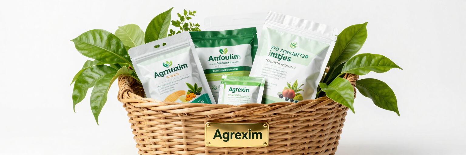 Cesta de productos para el cuidado de plantas Agrexim de color verde y blanco con ramas frondosas sobre un fondo blanco.
