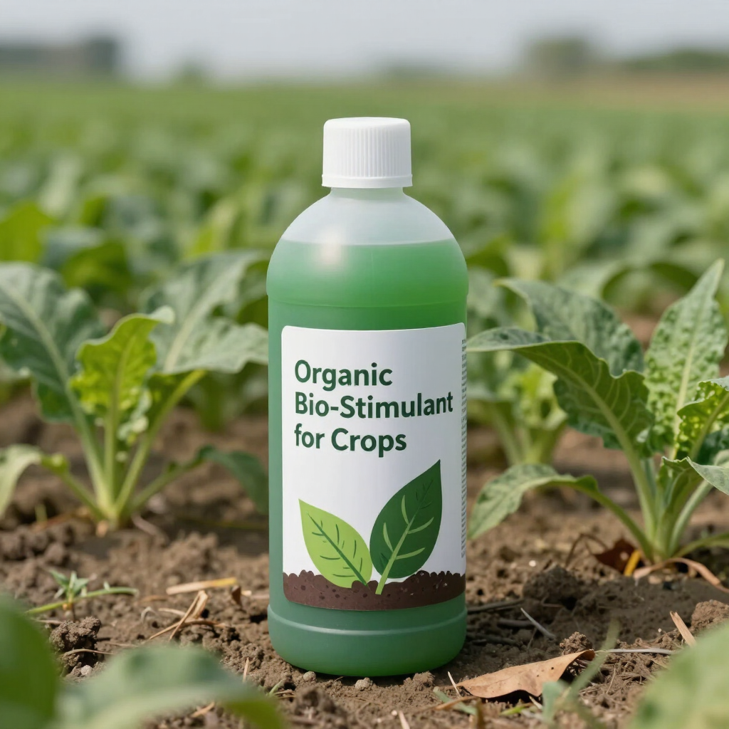 Botella verde con la etiqueta “Bioestimulante orgánico para cultivos” en un campo de plantas jóvenes.
