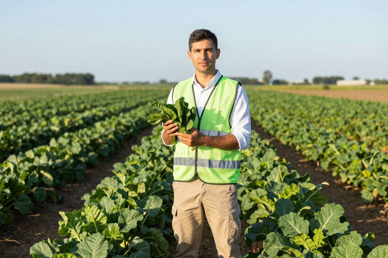 Hombre con chaleco de seguridad verde sosteniendo plantas en un campo de cultivo bajo un cielo despejado.