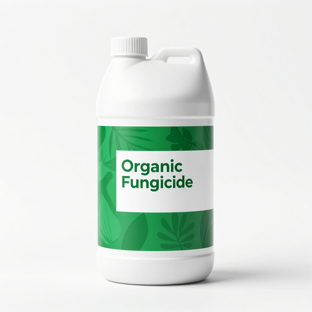 Jarra blanca con la etiqueta “Fungicida orgánico” y un diseño de hoja verde.