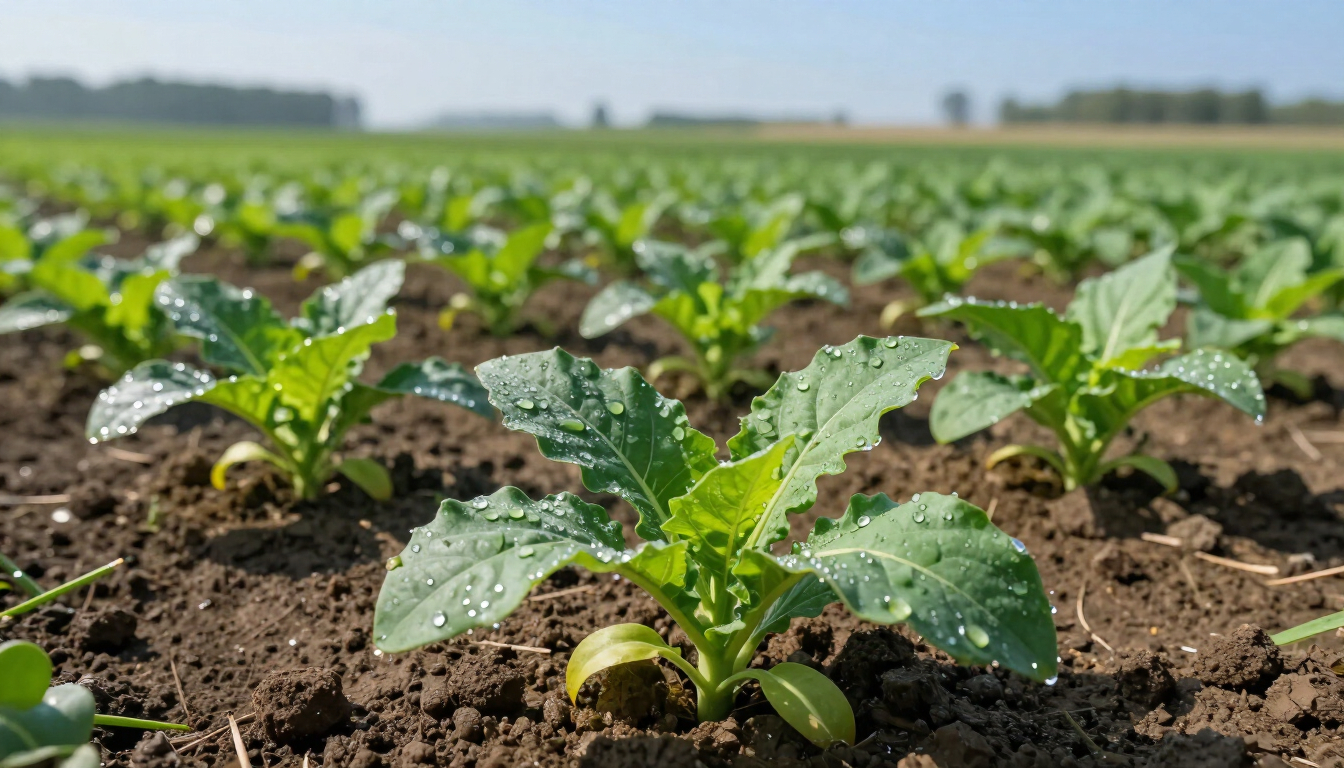 Plántulas verdes jóvenes creciendo en un campo arado bajo un cielo despejado