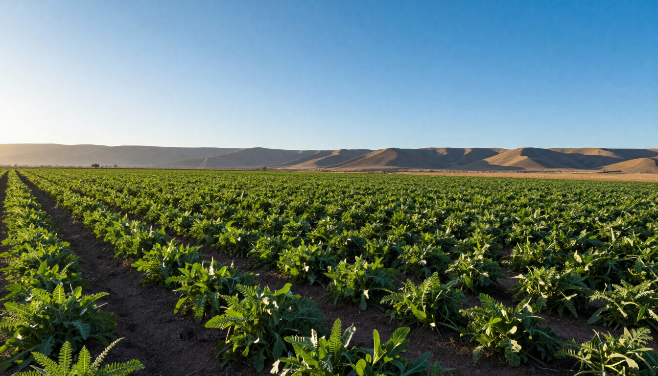 Hileras de cultivos verdes en un campo bañado por el sol, con montañas al fondo al amanecer.
