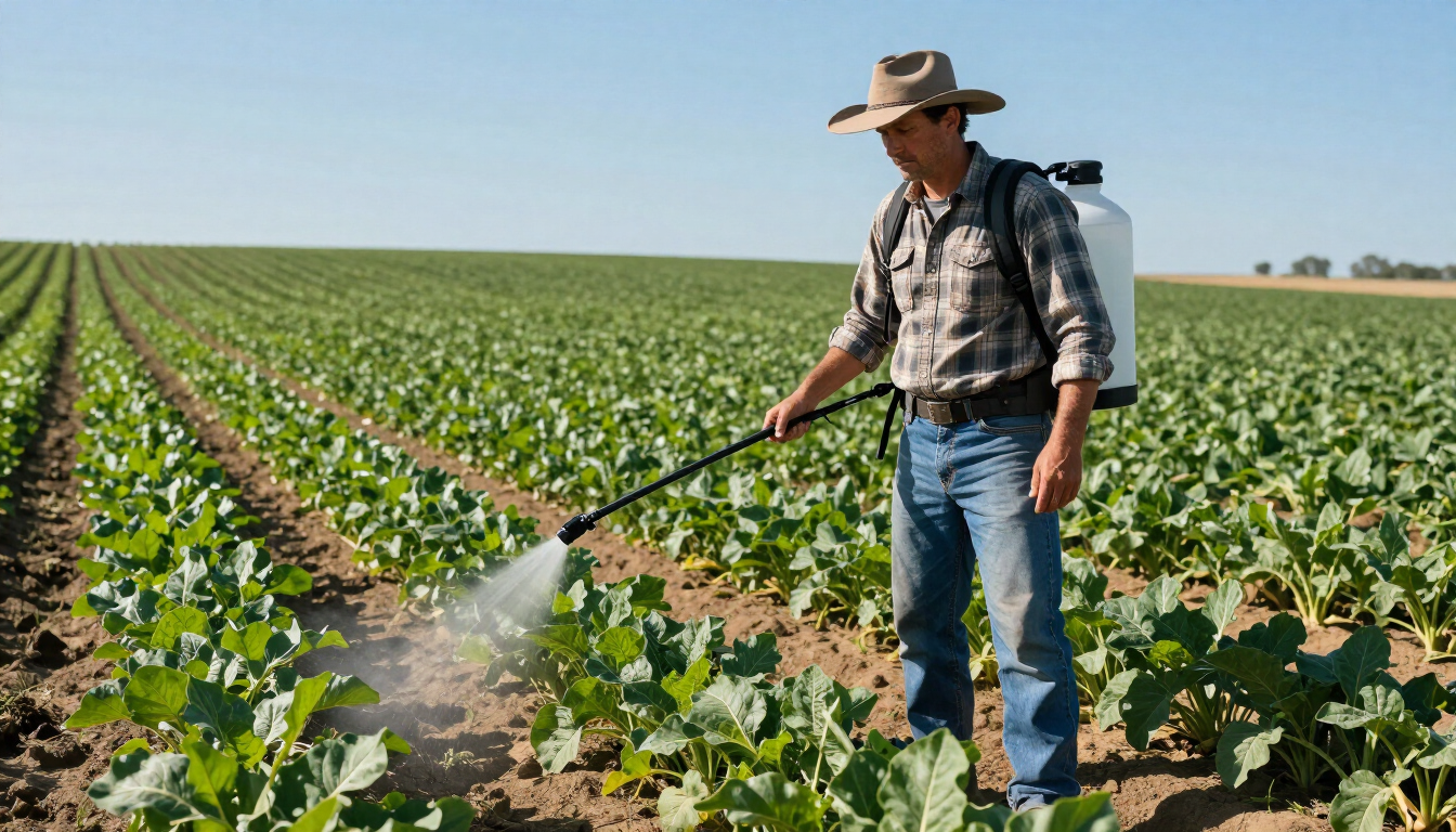 Un agricultor fumiga los cultivos en un campo verde con un pulverizador de mochila bajo un cielo despejado.