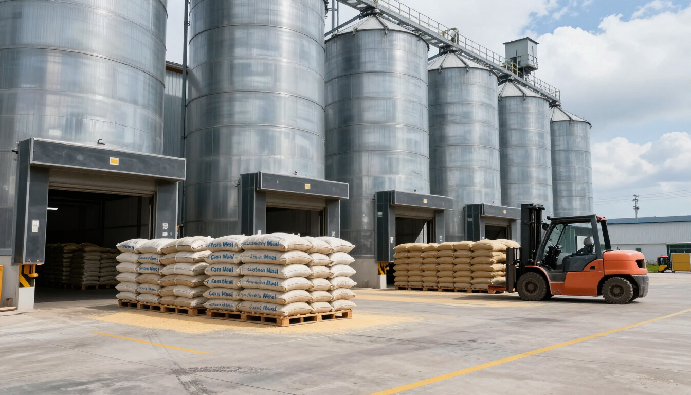 Una carretilla elevadora carga sacos apilados junto a grandes silos metálicos en el patio de un almacén industrial.