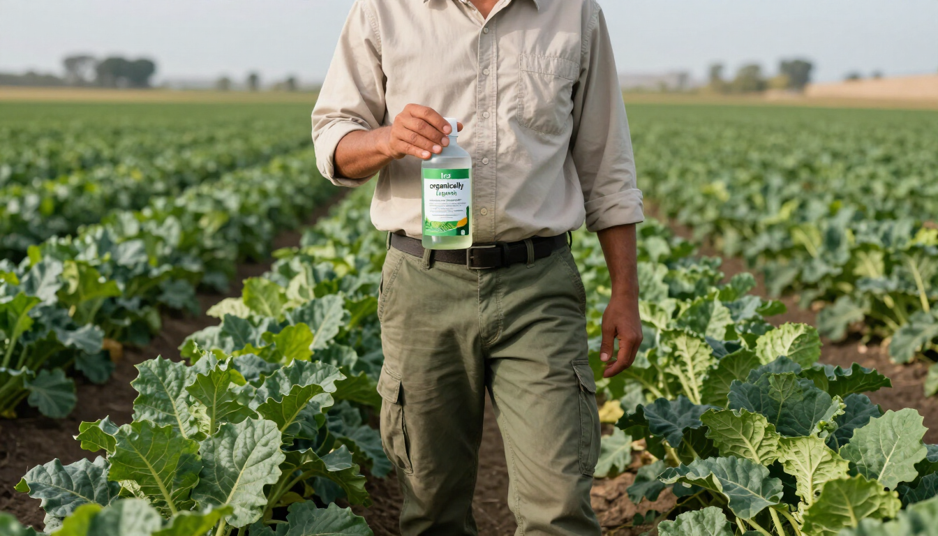 Un agricultor sostiene una botella de producto agrícola en un campo verde de verduras de hoja verde.