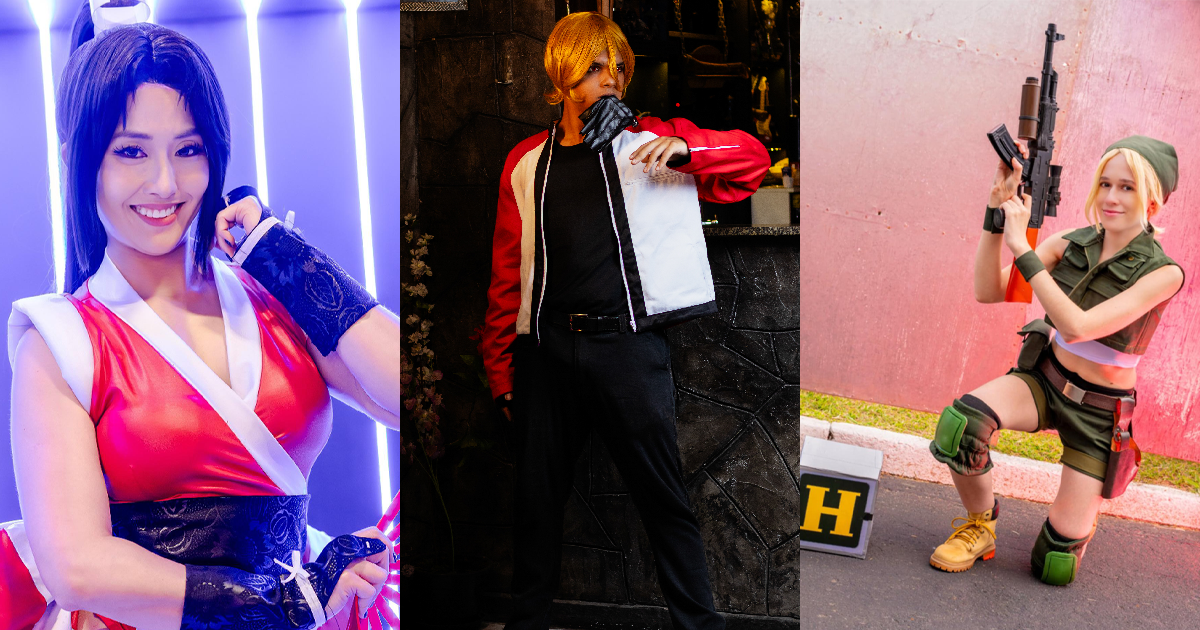 Imagens dos cosplays de Mai Shiranui, Rock e Eri da SNK