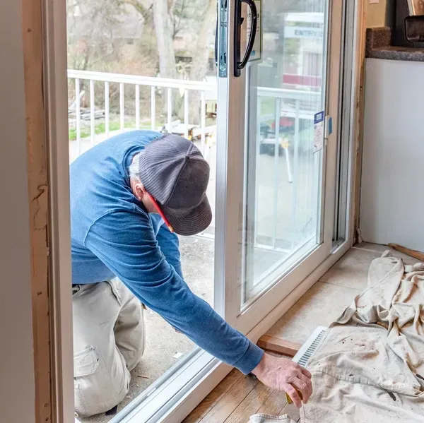 A man is kneeling down in front of a sliding glass door.