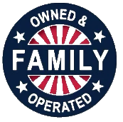 A blue circle with the words owned and family operated on it