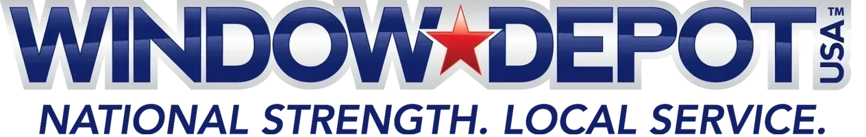 A blue and white logo for window depot