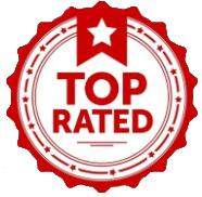 A red and white top rated badge with a star on it.