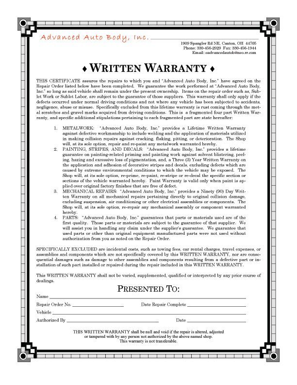 ADVANCED AUTO BODY WARRANTY