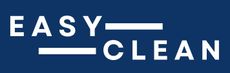 Logo for "Easy Clean logo," white text over blue background, horizontal bars connecting the words.