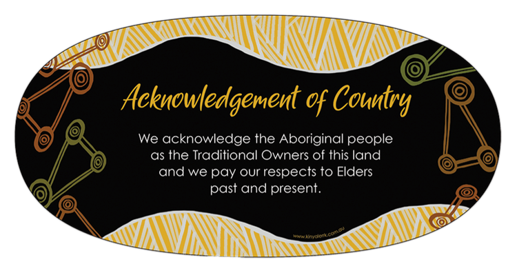 Acknowledgement of Country sign with black center, gold script, and Aboriginal-style border patterns — Accredited Training in Yatala, QLD