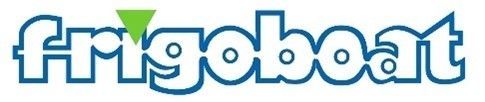 A blue and white logo for frigoboat with a green triangle in the middle.