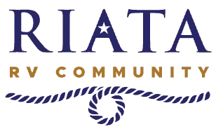 RIATA RV Community logo in blue and gold with a rope-style underline and knot design