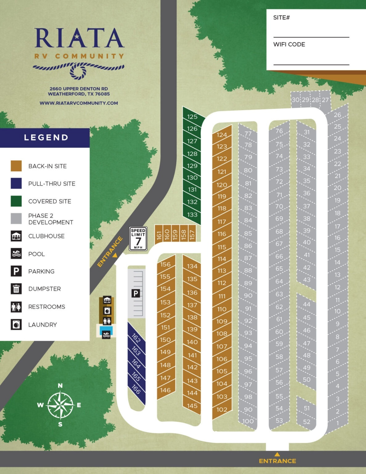 Site map of Riata Community showing roads, lots, amenities, and legend in green, tan, and white layout