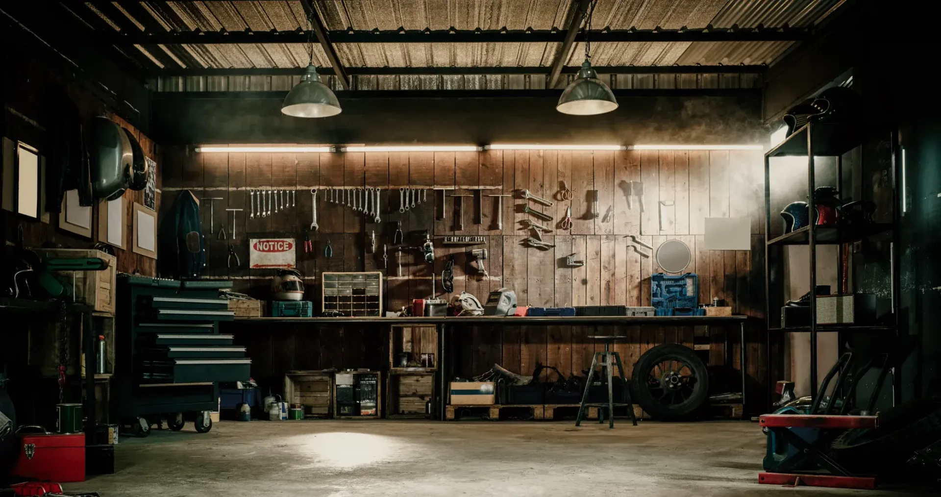 Workshop interior, cluttered workbench, tools hanging, dim lighting.