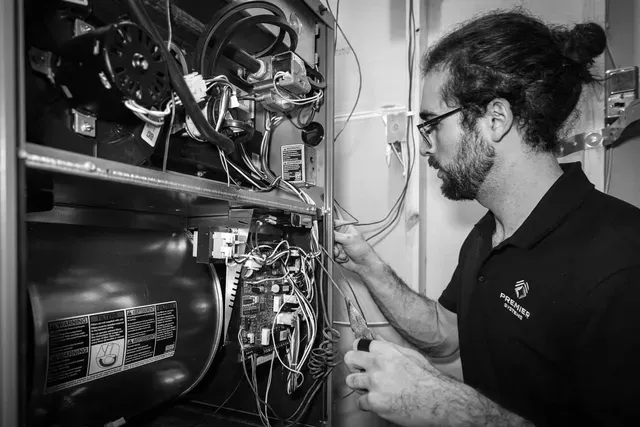 Man working on HVAC unit, repairing electrical wiring. Black and white photo.
