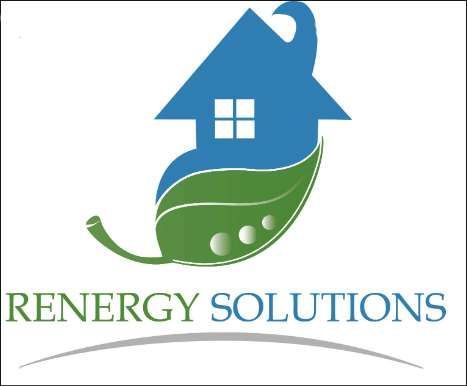 Renergy Solutions logo with blue house and green leaf swoosh above the company name