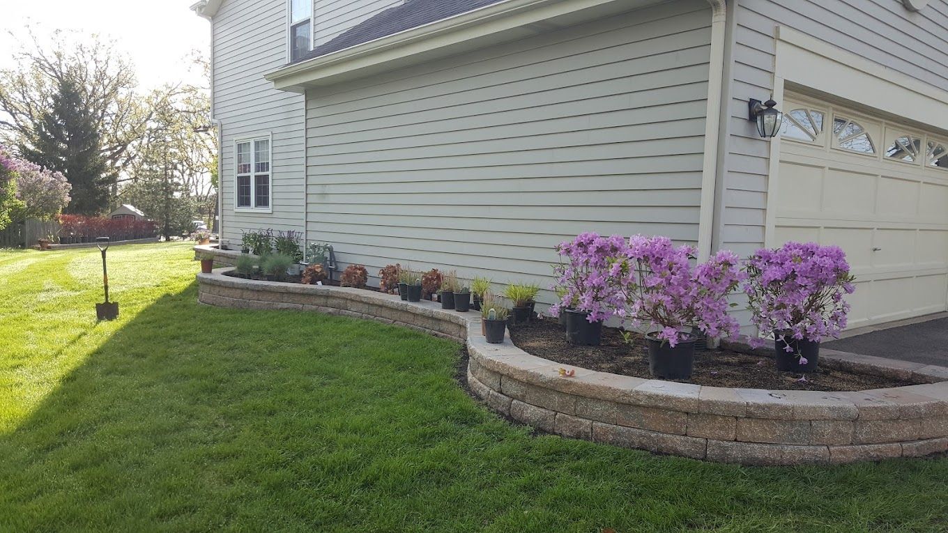 A house with a lush green lawn and purple flowers in front of it.