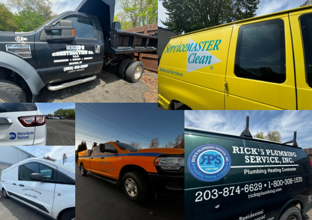Vehicles with company logos; dump truck, ServiceMaster van, plumbing van, delivery van, work truck, and unmarked vehicle.