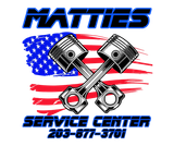 Logo for Mattie's Service Center with a wrench, text, and photo background. Addresses are in the logo.