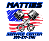 Logo for Mattie's Service Center with a wrench, text, and photo background. Addresses are in the logo.