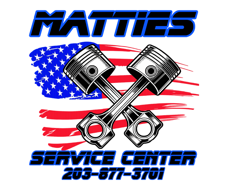 Logo for Mattie's Service Center, with blue and red gears, a wrench, and text on a grey oval.