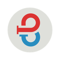 Een rood en blauw logo in een cirkel op een witte achtergrond.