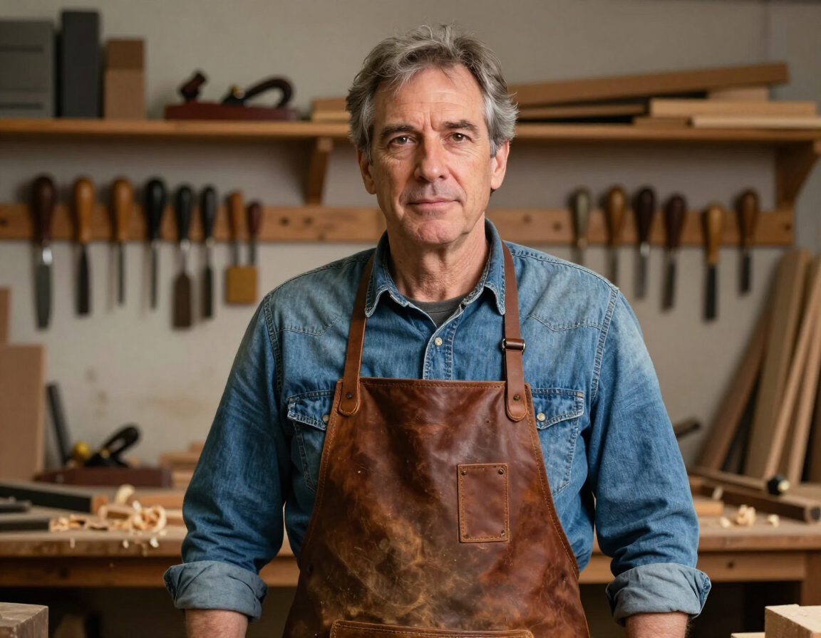 Woodworker standing in a workshop wearing a denim shirt and brown leather apron, tools on the wall behind him