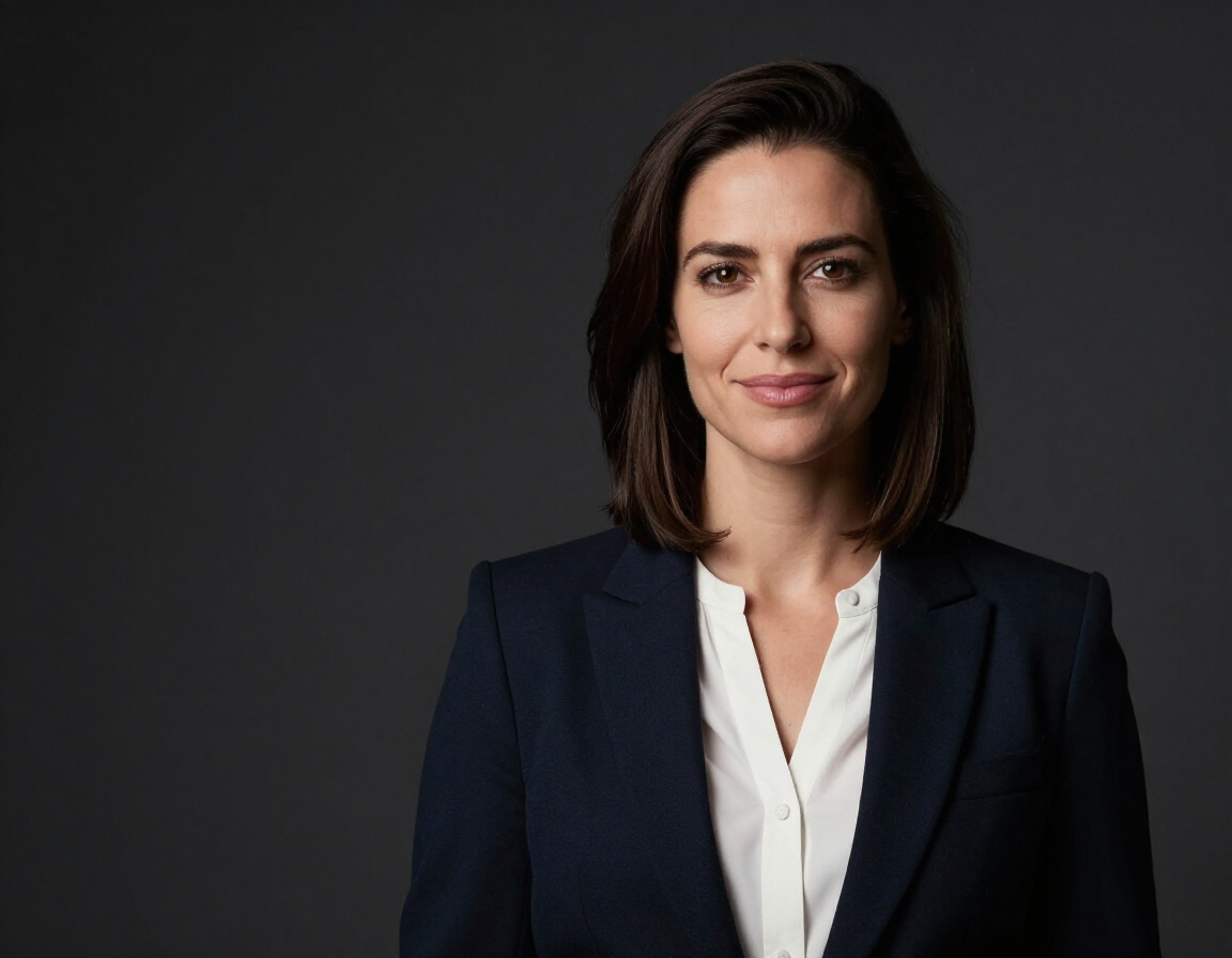 Portrait of a woman in a dark blazer and white blouse against a dark background