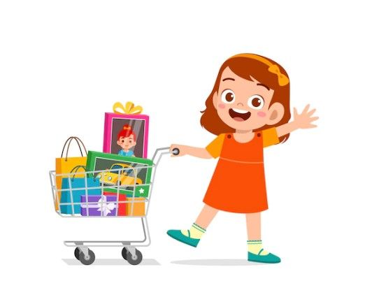 A little girl is pushing a shopping cart full of gifts.