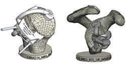 Two 3D wireframe mechanical parts, one helmet-like and one Y-shaped, shown side by side on white background