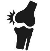 Black silhouette of a painful knee joint with a jagged pain burst icon